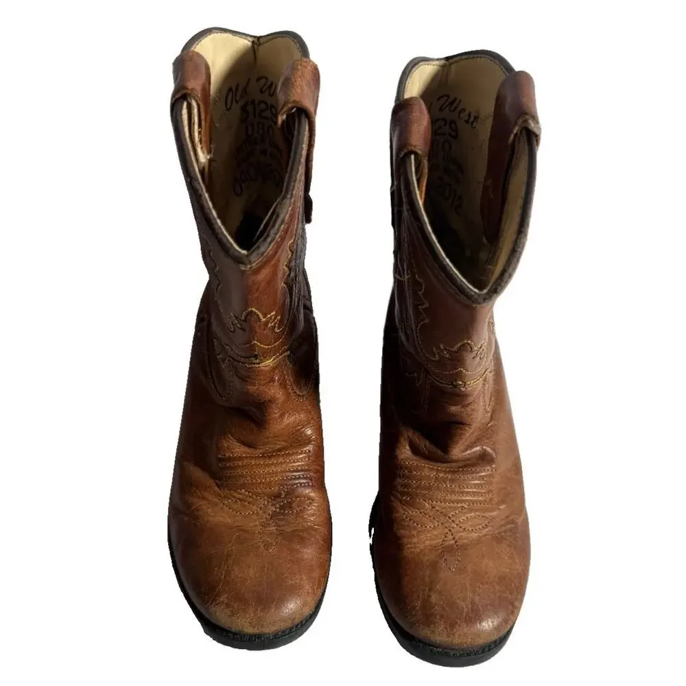 Old West Toddler Cowboy Boots Brown Leather Western Round Toe Size 9 Approx